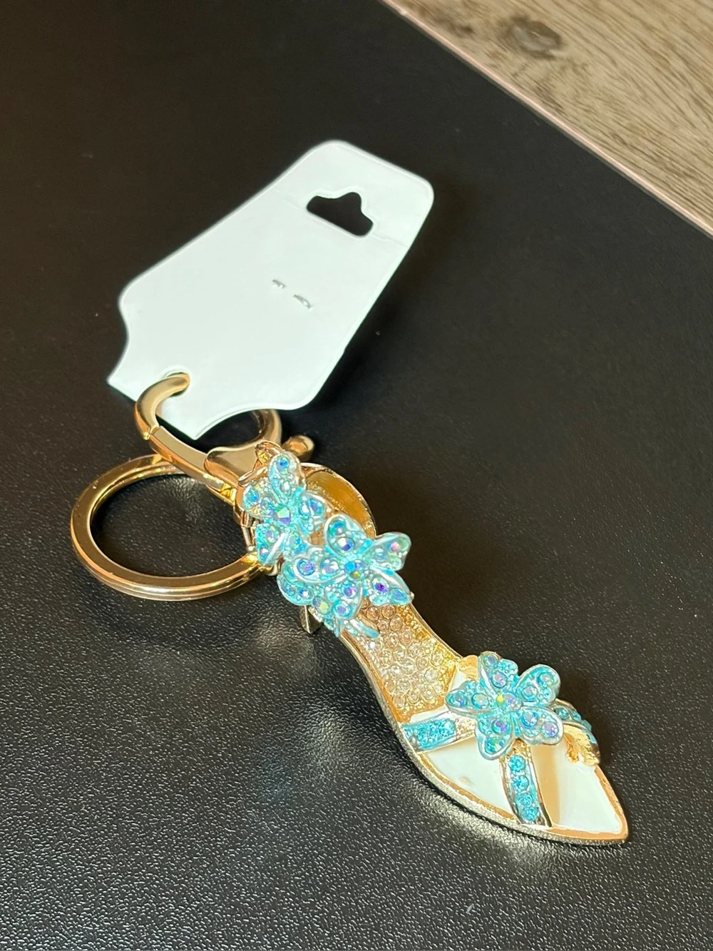 Gold High Heel Keychain with Turquoise Crystal Flowers